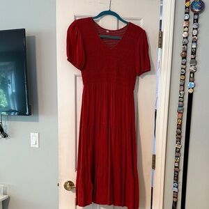 Brick Red V-Neck Tiered Midi Dress - Women's